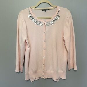 Cable & Gauge Pink Cardigan Sweater Jewel Embellished Neckline EUC
